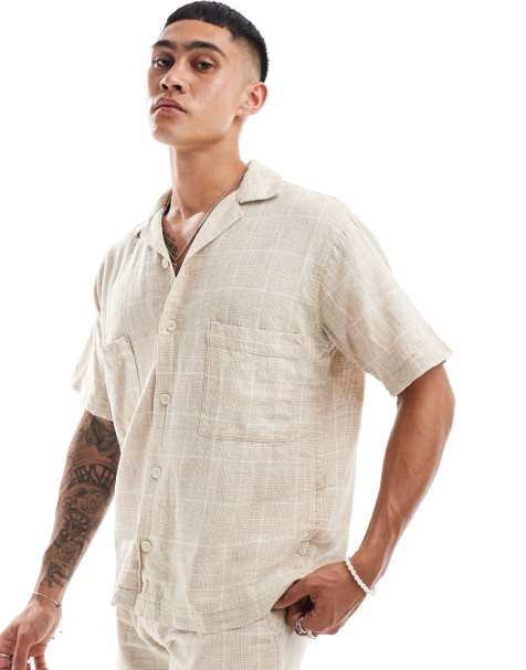 Camisa beis a cuadros con cuello de solapas de mezcla de lino de Jack & Jones Premium (parte de un conjunto) - view 1