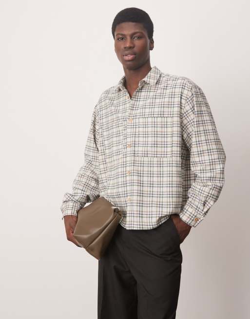 Camisa beis a cuadros de corte cuadrado extragrande de franela de ASOS DESIGN