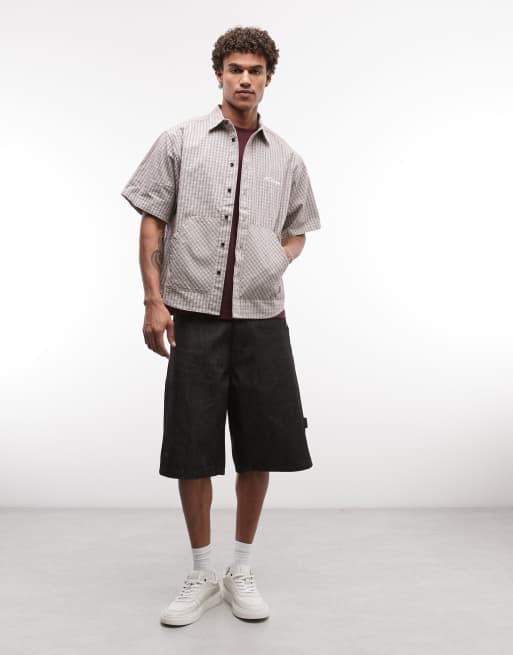 Camisa beis a cuadros dobles de manga corta con bolsillos canguro de XLARGE, 2 de 5