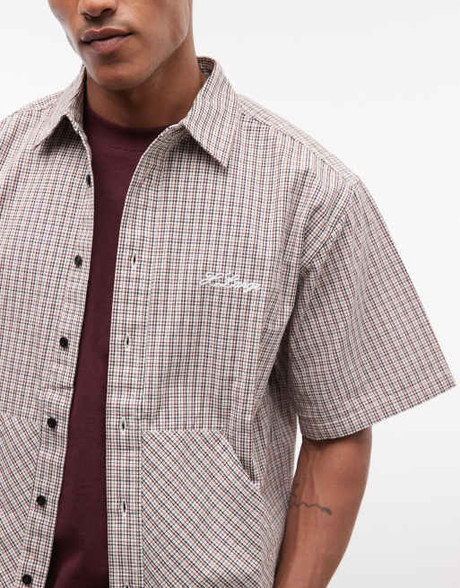 Camisa beis a cuadros dobles de manga corta con bolsillos canguro de XLARGE, 3 de 5