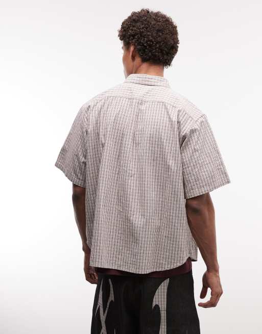 Camisa beis a cuadros dobles de manga corta con bolsillos canguro de XLARGE, 5 de 5