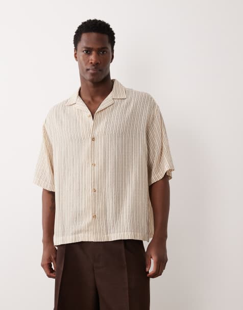Camisa beis a rayas de corte cuadrado extragrande con cuello de solapas de ASOS DESIGN - view 1