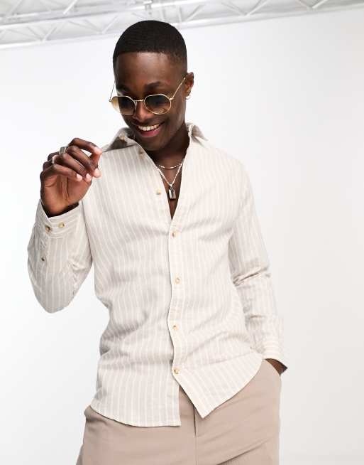 Camisa beis a rayas de lino de Jack & Jones Essentials