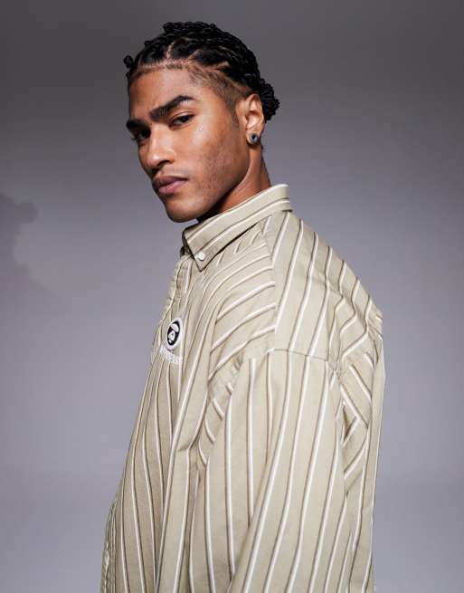 Camisa beis a rayas extragrande de manga larga con bordado en la espalda de AAPE BY A BATHING APE, 4 de 5