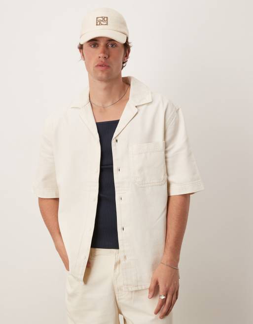 Camisa beis claro de manga corta de tejido efecto denim de algodón de Mango (parte de un conjunto)