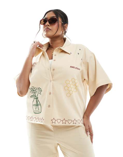 Camisa beis con botones delanteros y detalles bordados de mezcla de lino exclusiva de Renee Studio Plus (parte de un conjunto) - view 1