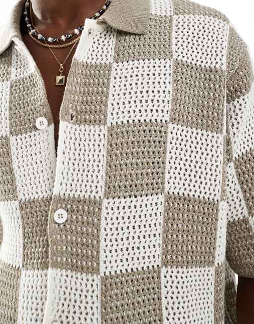 Camisa beis con patrón de cuadros dameros de croché de Jack & Jones, 3 de 4