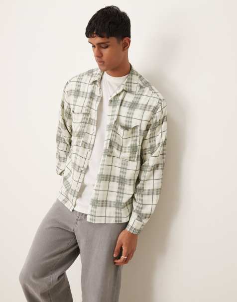 Camisa beis de corte cuadrado extragrande con estampado lavado de cuadros y cremallera de ASOS DESIGN - view 1