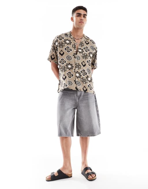 Camisa beis de manga corta con patrón geométrico y cuello de solapas de Jack & Jones, 2 de 4
