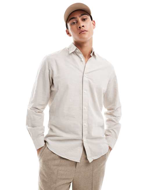 Camisa beis de manga larga de mezcla de lino de Selected Homme