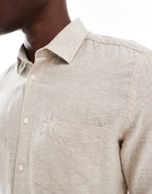 Camisa beis de manga larga y corte estándar de mezcla de lino de ONLY & SONS, 3 de 4