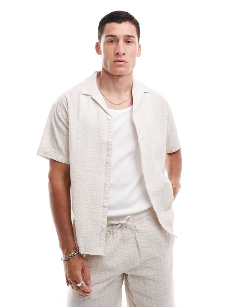 Camisa beis extragrande con cuello de solapas de tejido rugoso de Jack & Jones (parte de un conjunto) - view 1