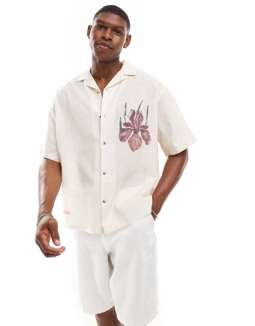 Camisa beis extragrande con cuello de solapas y estampado floral en el pecho y la espalda de ASOS DESIGN
