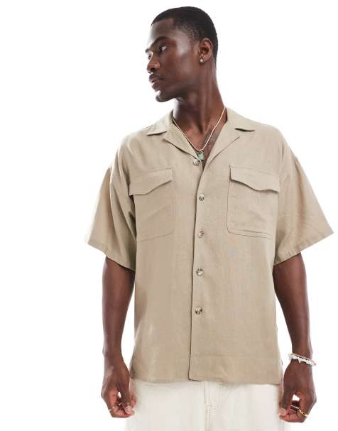 Camisa beis extragrande con dos bolsillos de mezcla de lino de ADPT - view 1
