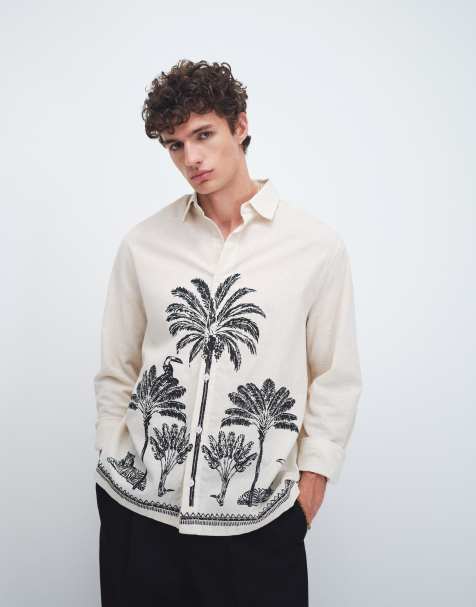 Camisa beis holgada con estampado de palmeras de tejido con lino de ASOS DESIGN - view 1