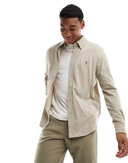 Camisa beis jaspeado con botones y logo de piqué de Polo Ralph Lauren