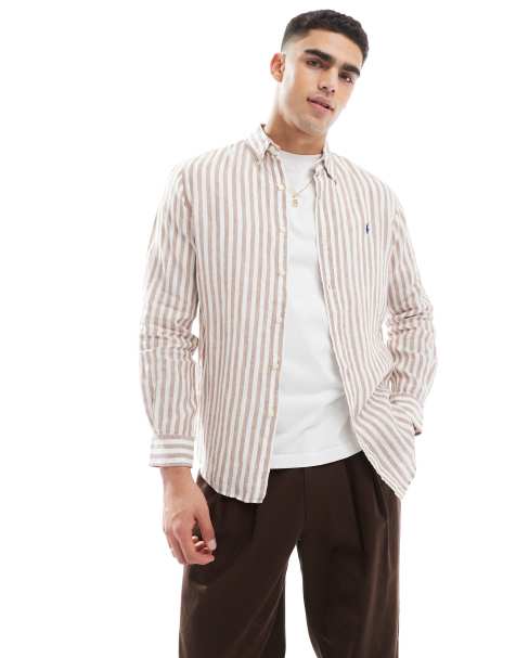 Camisa beis y blanca a rayas de corte custom de lino con logo Icon de Polo Ralph Lauren - view 1