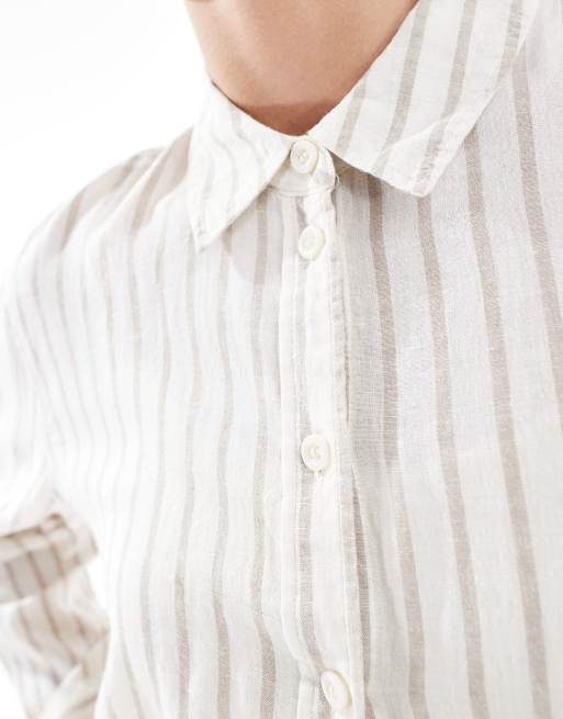 Camisa blanca a rayas marrones extragrande de mezcla de lino de Vero Moda (parte de un conjunto), 4 de 4