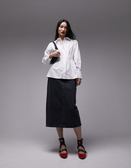 Camisa blanca con cintura marcada de popelina de Topshop