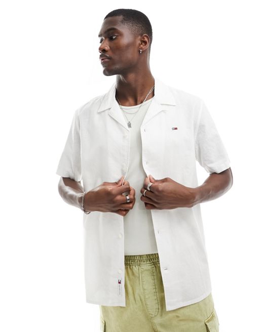 Camisa blanca con cuello cubano de mezcla de lino de tommy Hilfiger Jeans