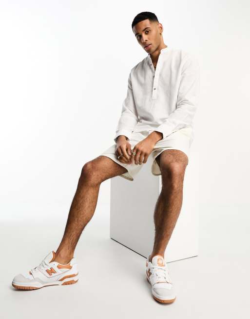 Camisa blanca con media tapeta de botones de mezcla de lino de Jack & Jones Premium , 4 de 4
