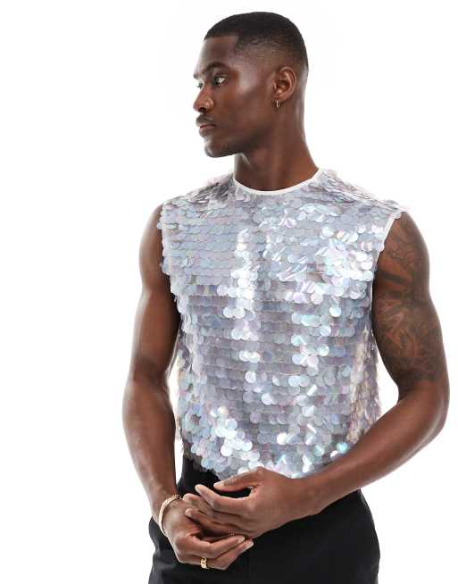 Camisa blanca de corte cuadrado estándar sin mangas con lentejuelas grandes de ASOS DESIGN