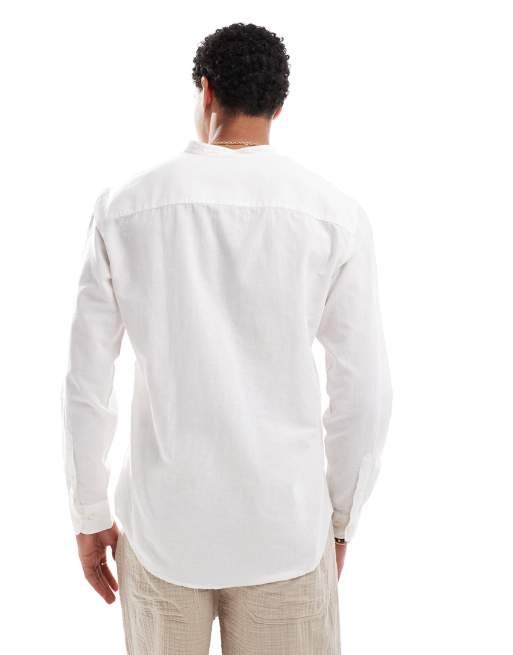 Camisa blanca de corte slim con cuello mao de mezcla de lino de Jack & Jones, 3 de 4