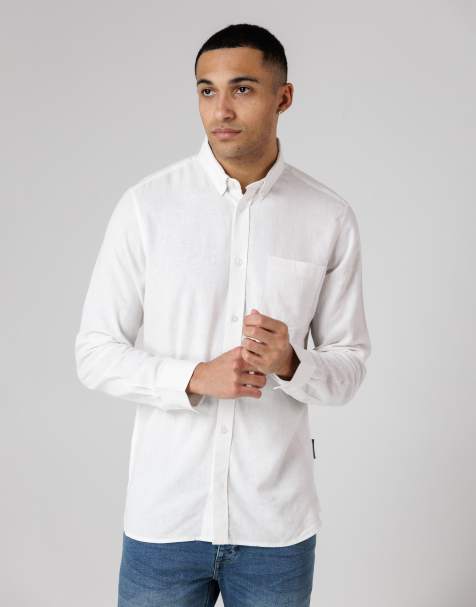 Camisa blanca de manga larga con bolsillo en el pecho de mezcla de lino de French Connection - view 1