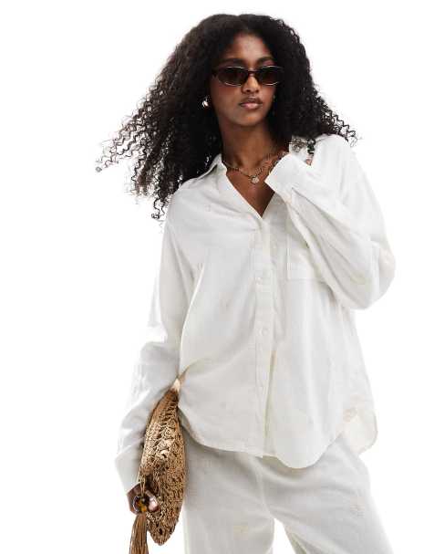 Camisa blanca de manga larga con detalle bordado de mezcla de lino de ONLY (parte de un conjunto) - view 1