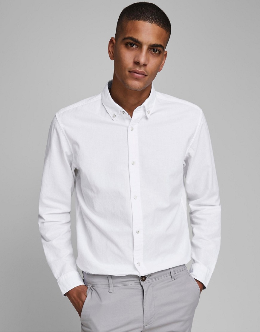 camisa blanca de manga larga y corte slim de mezcla de lino de jack & jones essentials-blanco