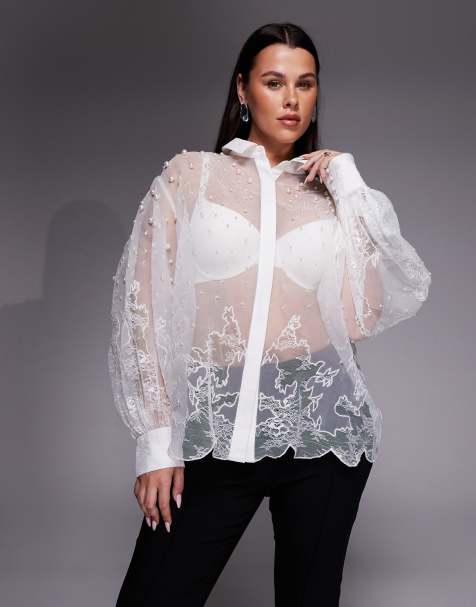 Camisa blanca de organza y encaje con adornos de perlas de ASOS LUXE Curve - view 1