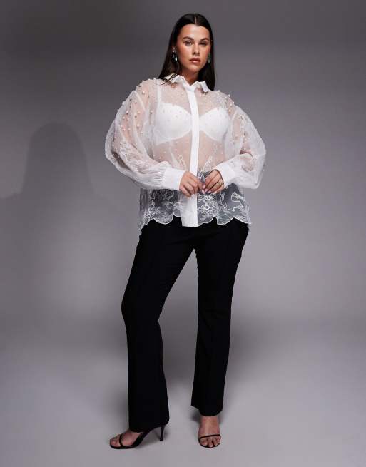 Camisa blanca de organza y encaje con adornos de perlas de ASOS LUXE Curve, 3 de 4