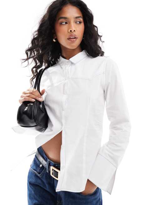 Camisa blanca entallada de estilo wéstern con detalle de pespuntes en contraste de ASOS DESIGN