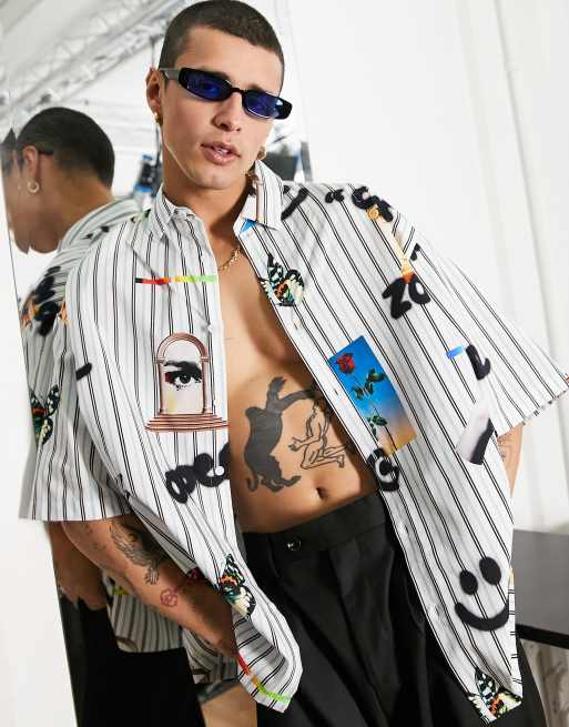 Camisa blanca extragrande a rayas y detalles estampados de corte cuadrado de ASOS DESIGN