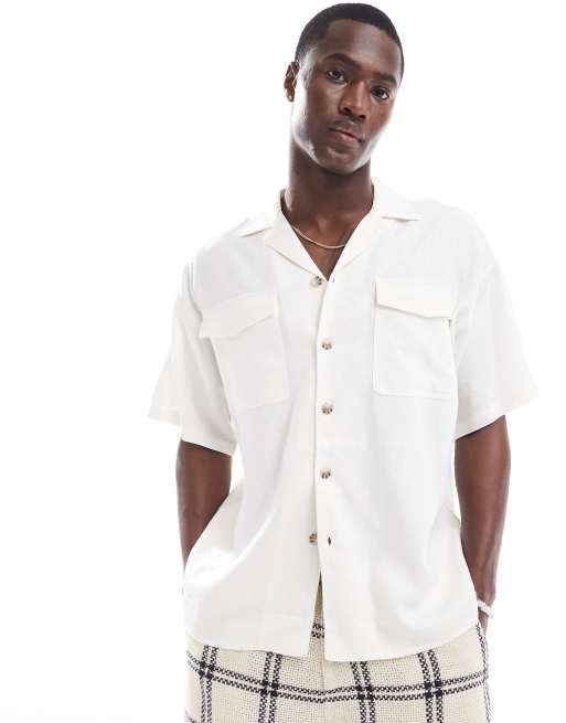 Camisa blanca extragrande con dos bolsillos de mezcla de lino de ADPT 