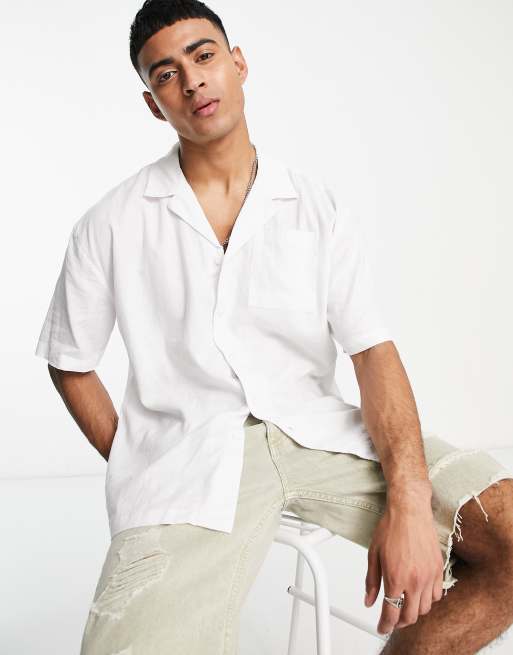 Camisa blanca extragrande de manga corta de mezcla de lino de New Look