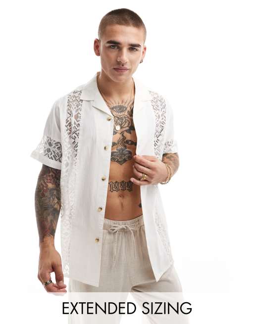 Camisa blanca holgada de manga corta con cuello de solapas y paneles de encaje de ASOS DESIGN 
