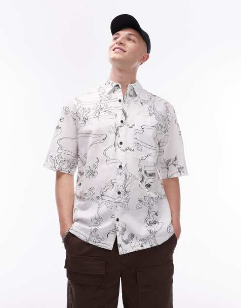 Camisa blanca holgada de manga corta con diseño estampado de mezcla de lino de Topman - view 1