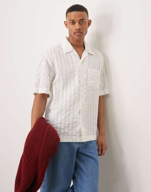 Camisa blanco hueso a rayas estilo resort de manga corta con cuello de solapas de sirsaca de GANT