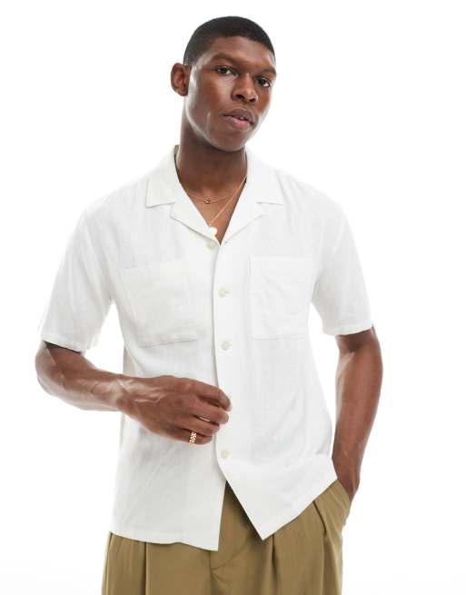Camisa blanco hueso de corte cuadrado con dos bolsillos de mezcla de lino de New Look