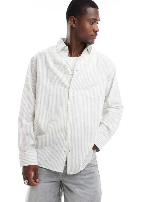 Camisa blanco hueso extragrande a rayas de manga larga de mezcla de lino de Jack & Jones 