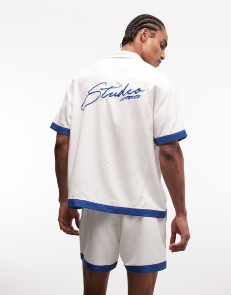 Camisa blanco hueso holgada con cuello de solapas y bordado en el pecho y la espalda de ASOS DESIGN (parte de un conjunto) - view 1