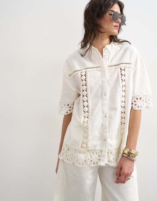 Camisa blanco marfil de estilo resort con inserto de encaje de Topshop