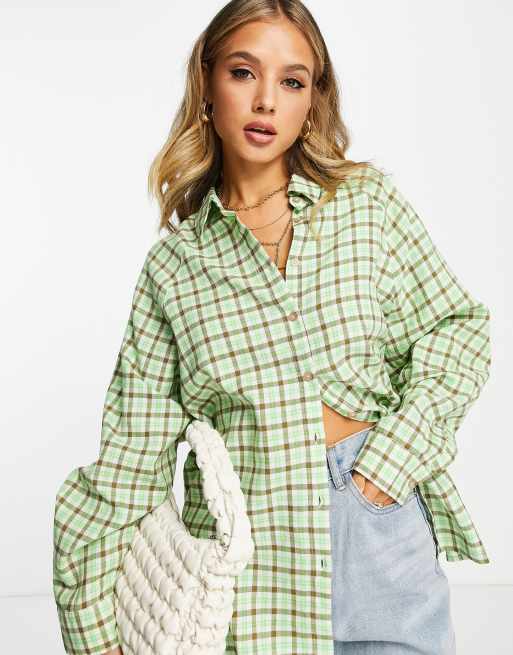 Camisa boyfriend a cuadros vichy verdes y beis de manga larga de ASOS DESIGN