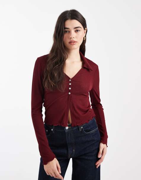 Camisa burdeos ceñida traslúcida de manga larga de ASOS DESIGN - view 1