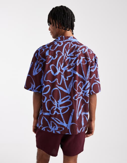 Camisa burdeos holgada con cuello de solapas y estampado floral de ASOS DESIGN (parte de un conjunto), 3 de 5