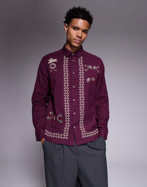 Camisa burdeos holgada con estampado en el borde de punto de cruz de ASOS DESIGN - view 1