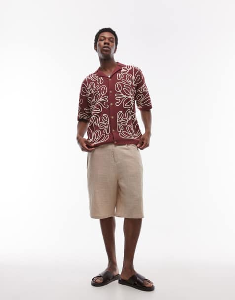 Camisa burdeos y color crudo holgada con diseño floral bordado de tejido grueso de Topman - view 1