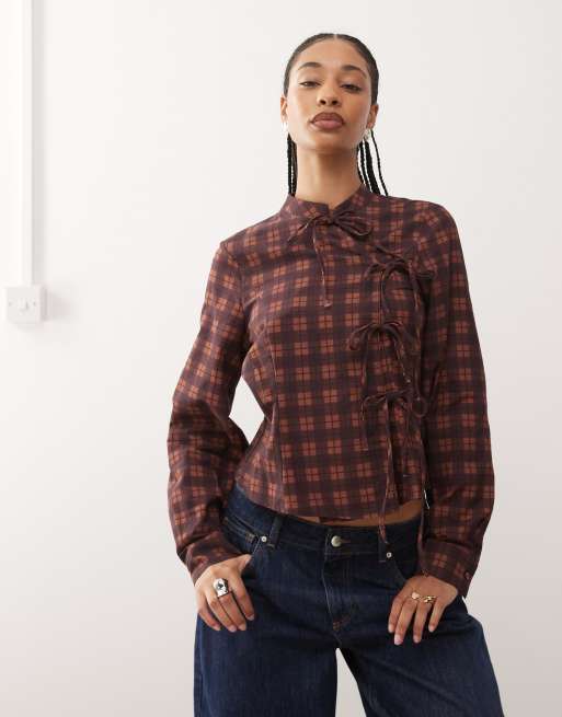 Camisa burdeos y rosa a cuadros ajustada de manga larga con detalle de lazada asimétrica de Reclaimed Vintage