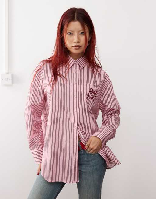 Camisa burdeos y rosa extragrande con raya diplomática y detalle bordado de Reclaimed Vintage